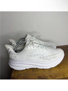 Hoka One One White Running Shoes with Blue Logo